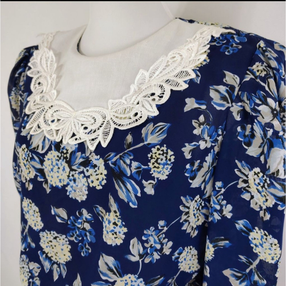 Vintage 80s Lisa II Women's Blue Floral Blouson Midi Dress size 12 Cottagecore - Picture 3 of 9
